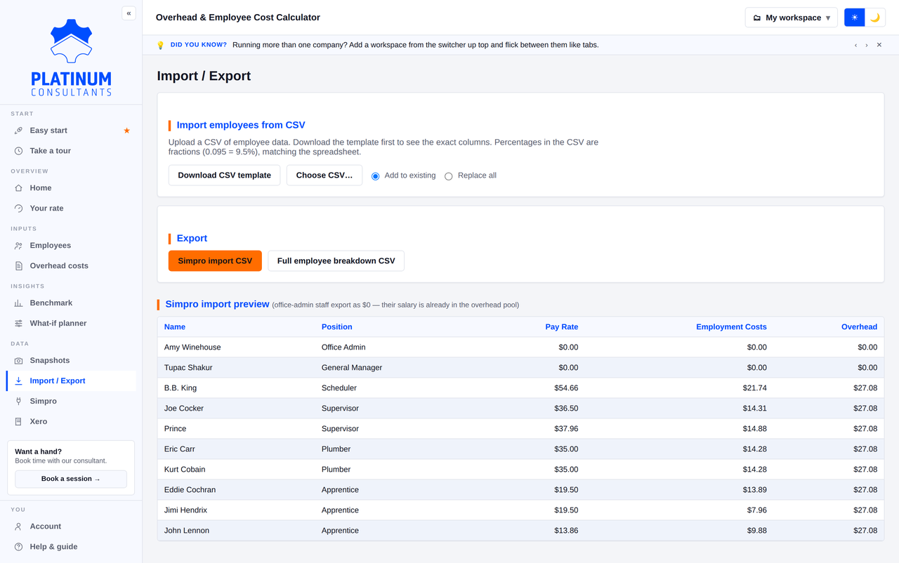 Import from CSV, Simpro or Xero
